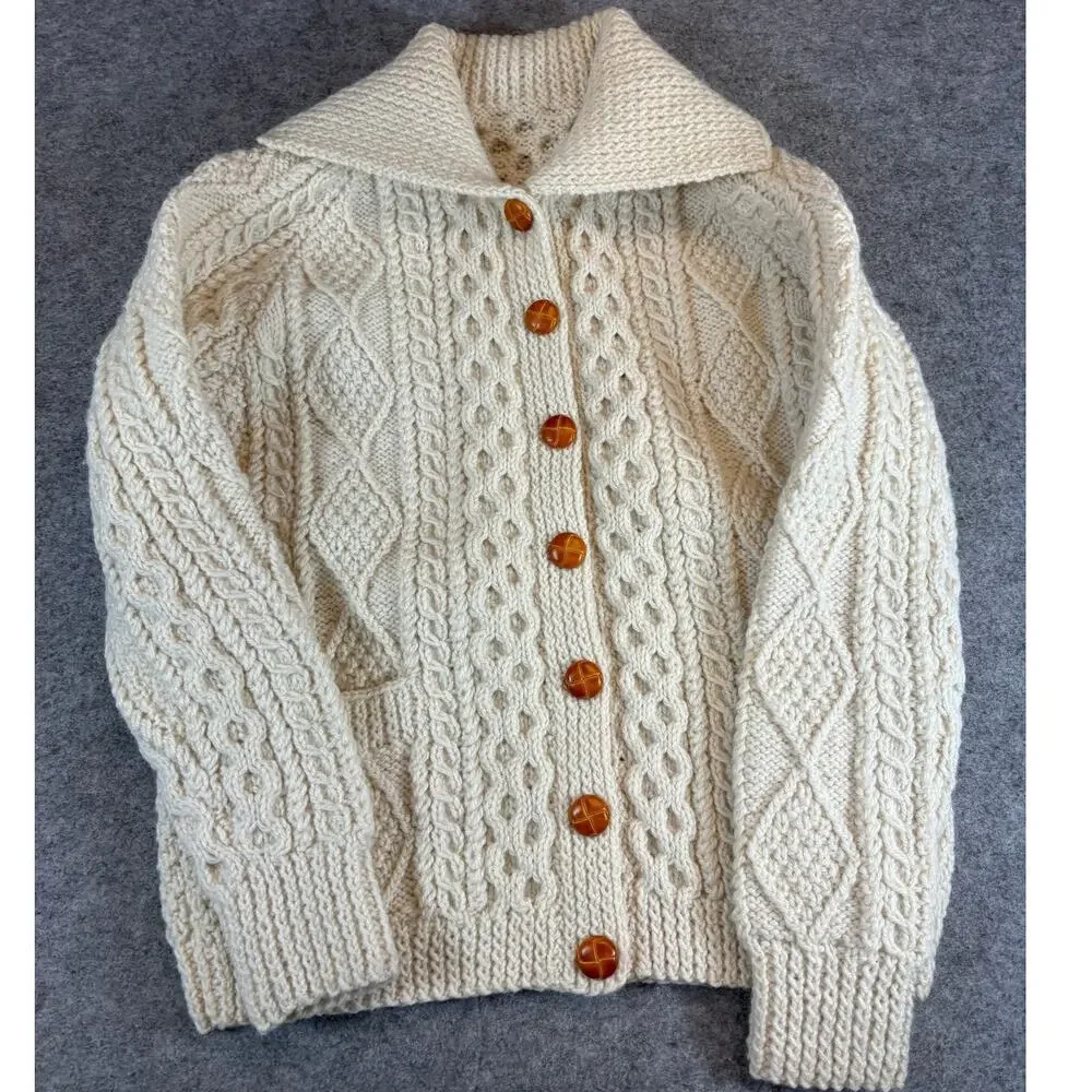 Vintage Sweater Womens Small Beige Cardigan Fisherman Chunky Knit Winter Cozy - Picture 4 of 6